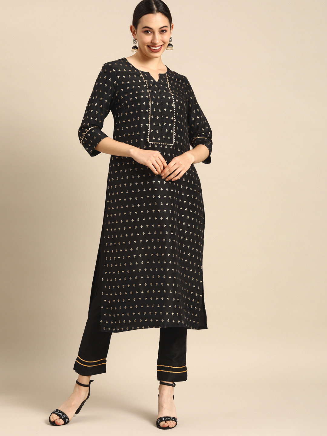 

Anouk Women Black Ethnic Motifs Printed Regular Gotta Patti Kurta with Trousers