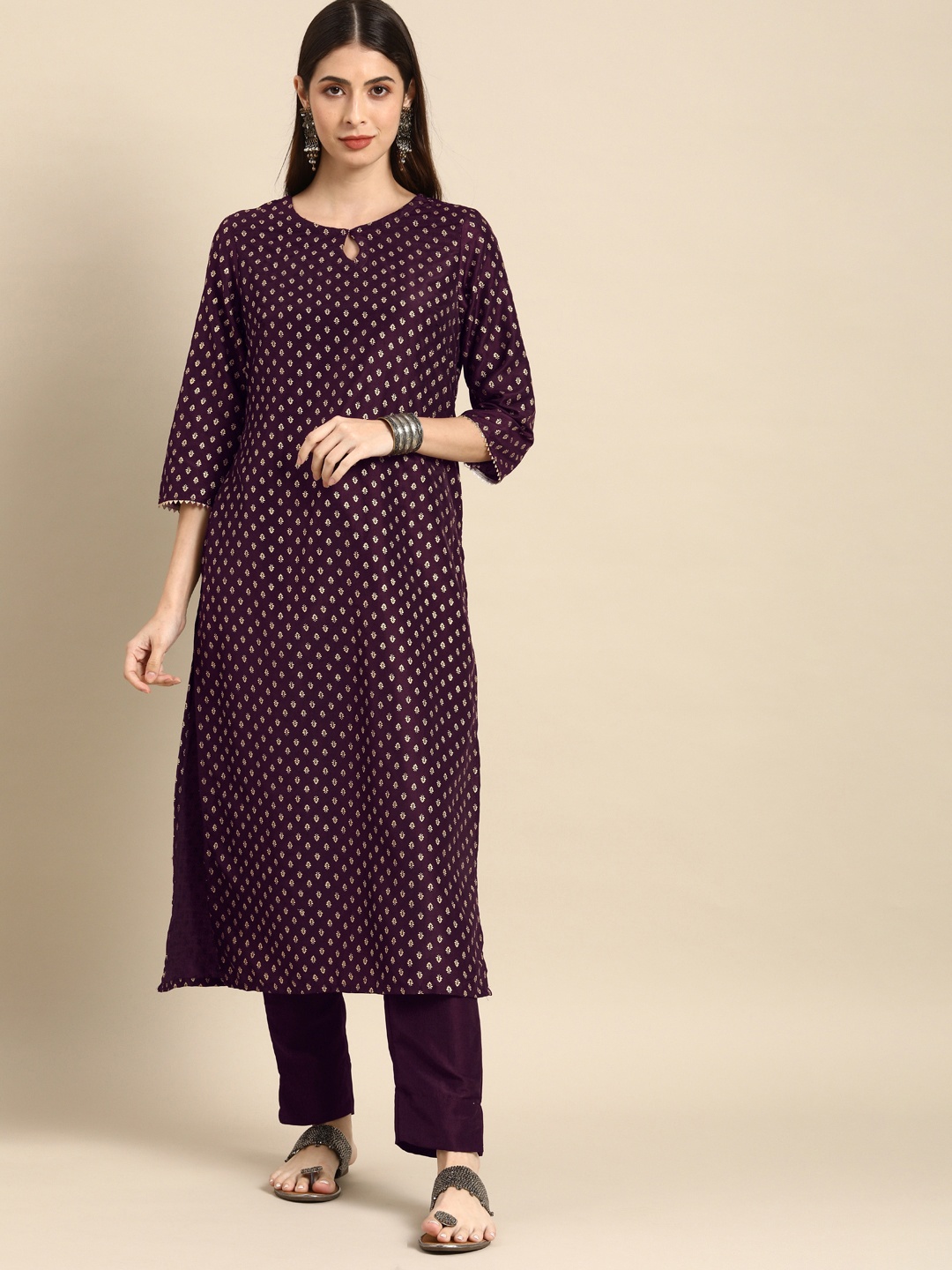 

Anouk Women Purple & Gold-toned Ethnic Motifs Printed Regular Kurta with Trousers