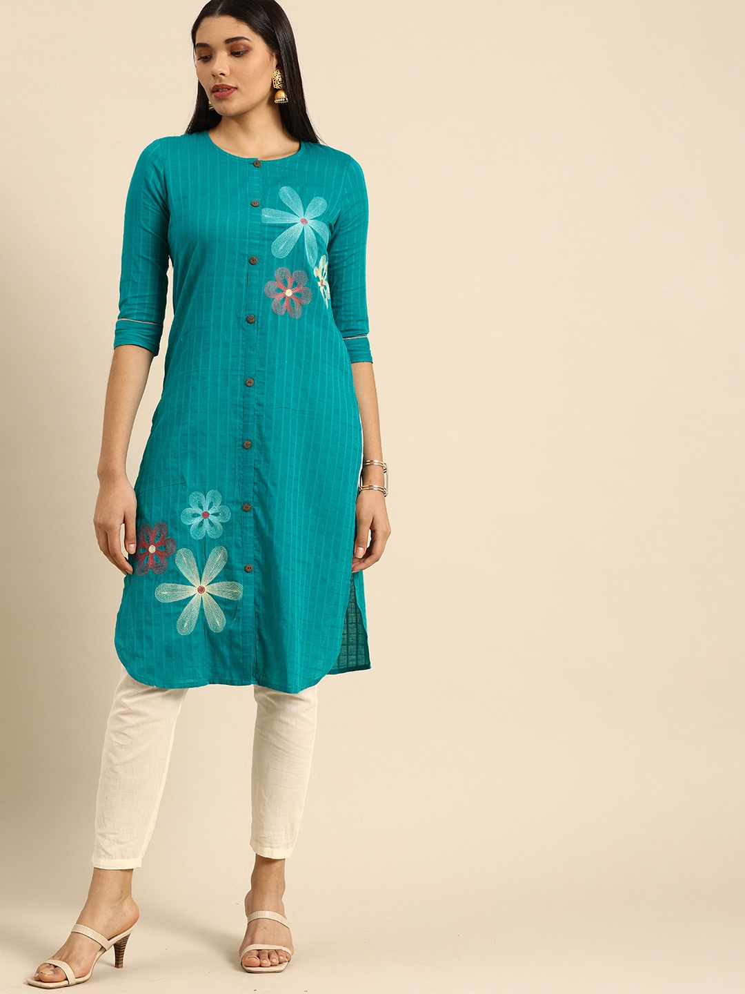 

Anouk Women Teal Green Embroidered Pure Cotton Straight Kurta