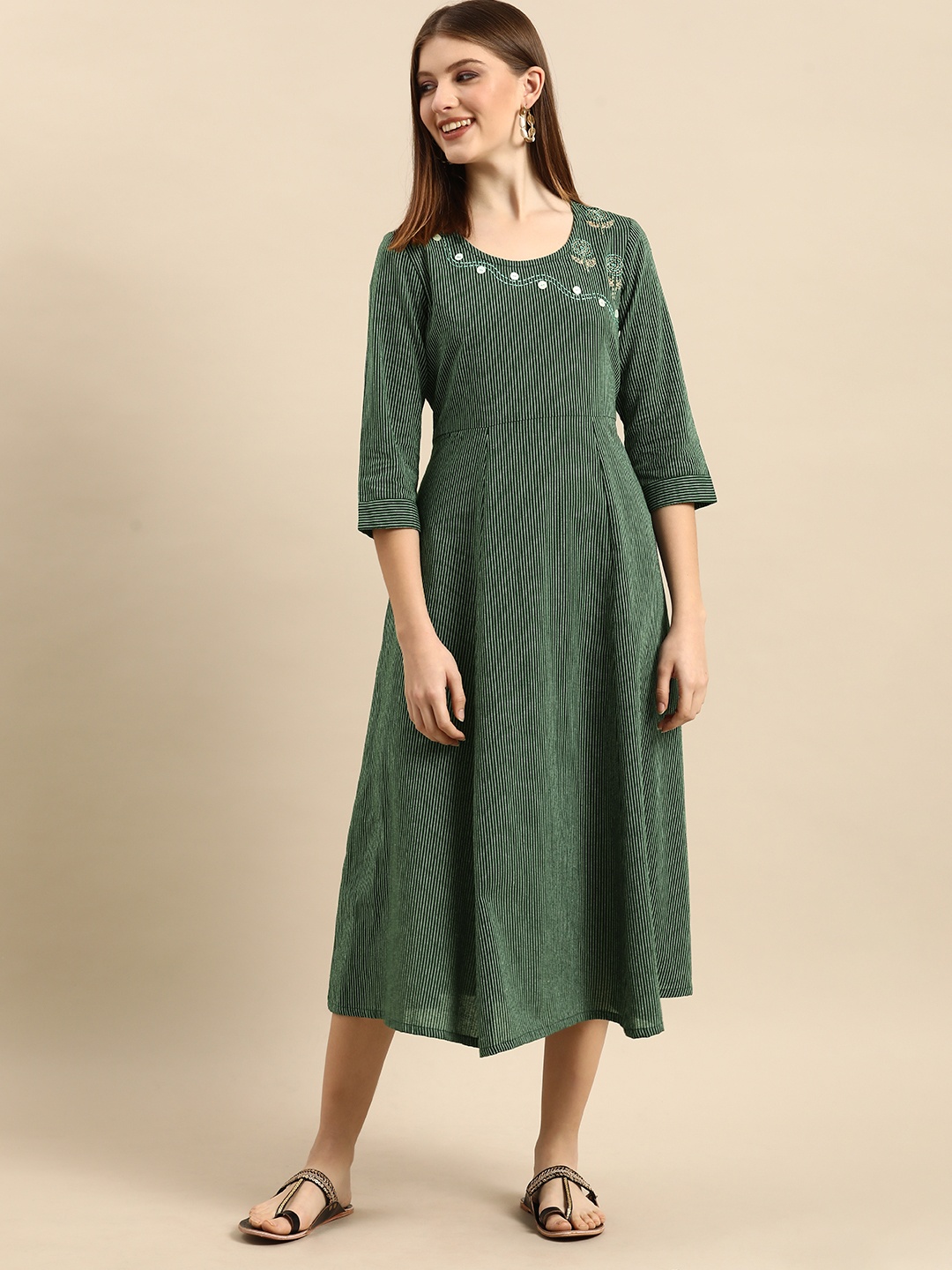 

Anouk Women Green Striped A-Line Midi Dress With Embroidered Detail