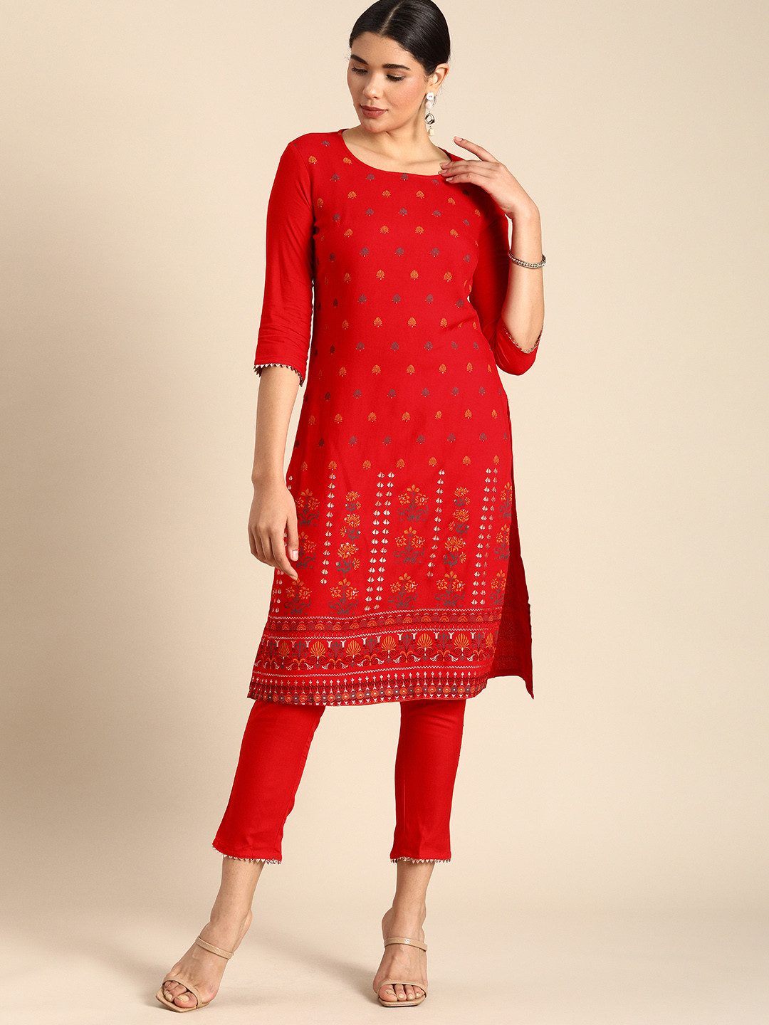

Anouk Women Red & Blue Printed Regular Kurta with Trousers