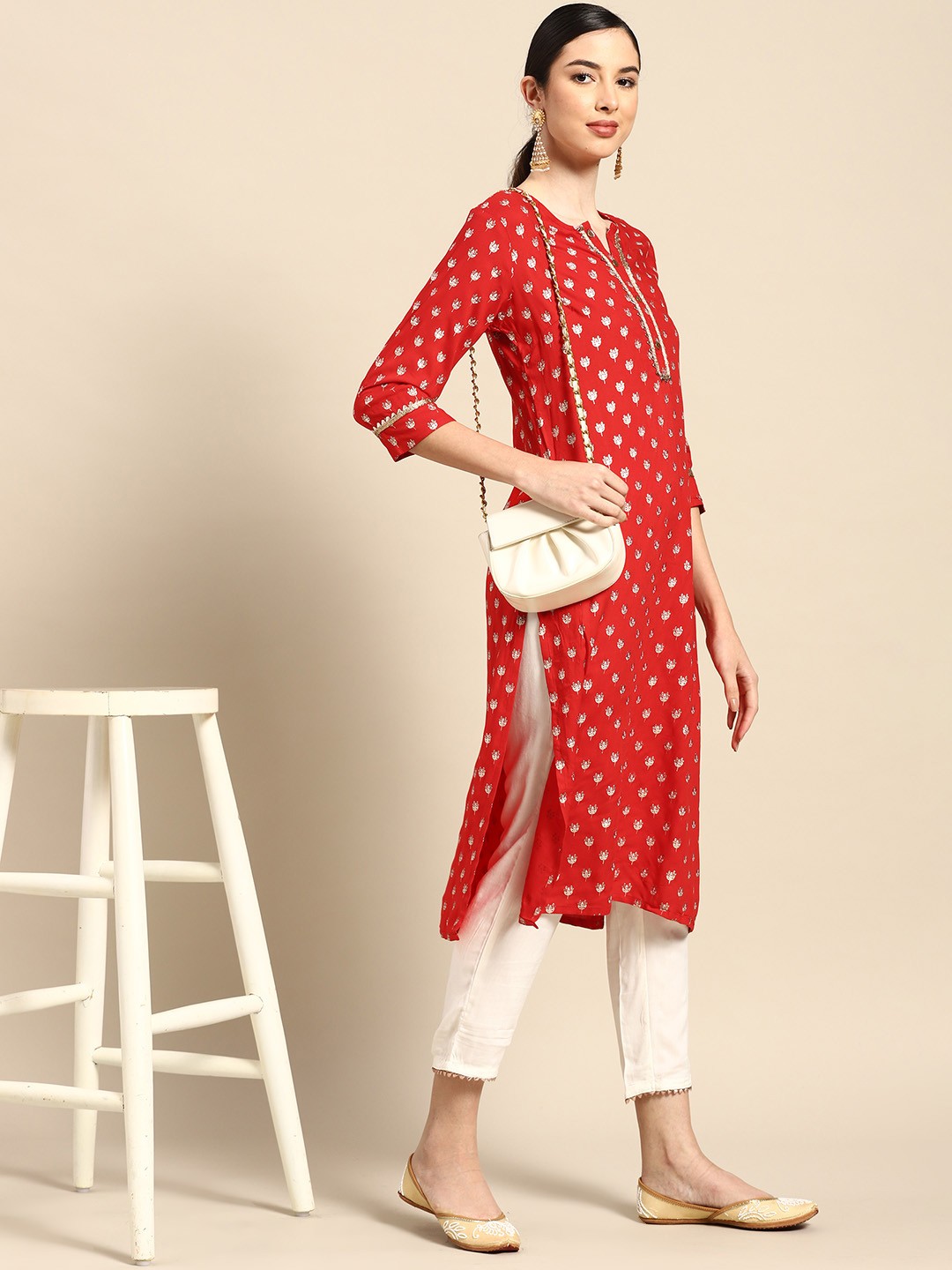 

Anouk Women Red & White Ethnic Motifs Print Straight Gotta Patti Kurta with Trousers
