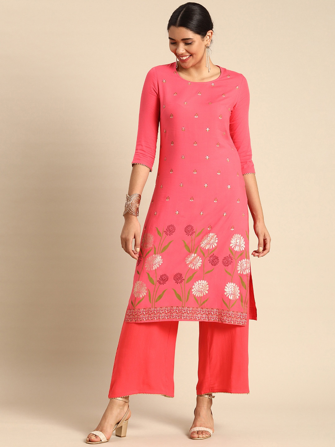 

Anouk Women Pink Floral Embroidered Regular Pure Cotton Kurta with Palazzos