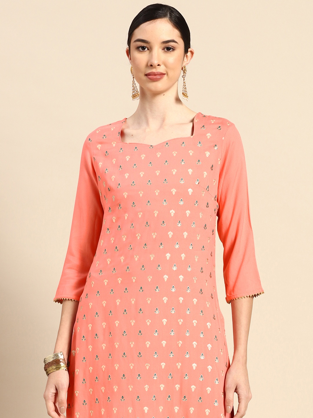 

Anouk Women Pink & Green Ethnic Motifs Print Straight Kurta with Palazzos