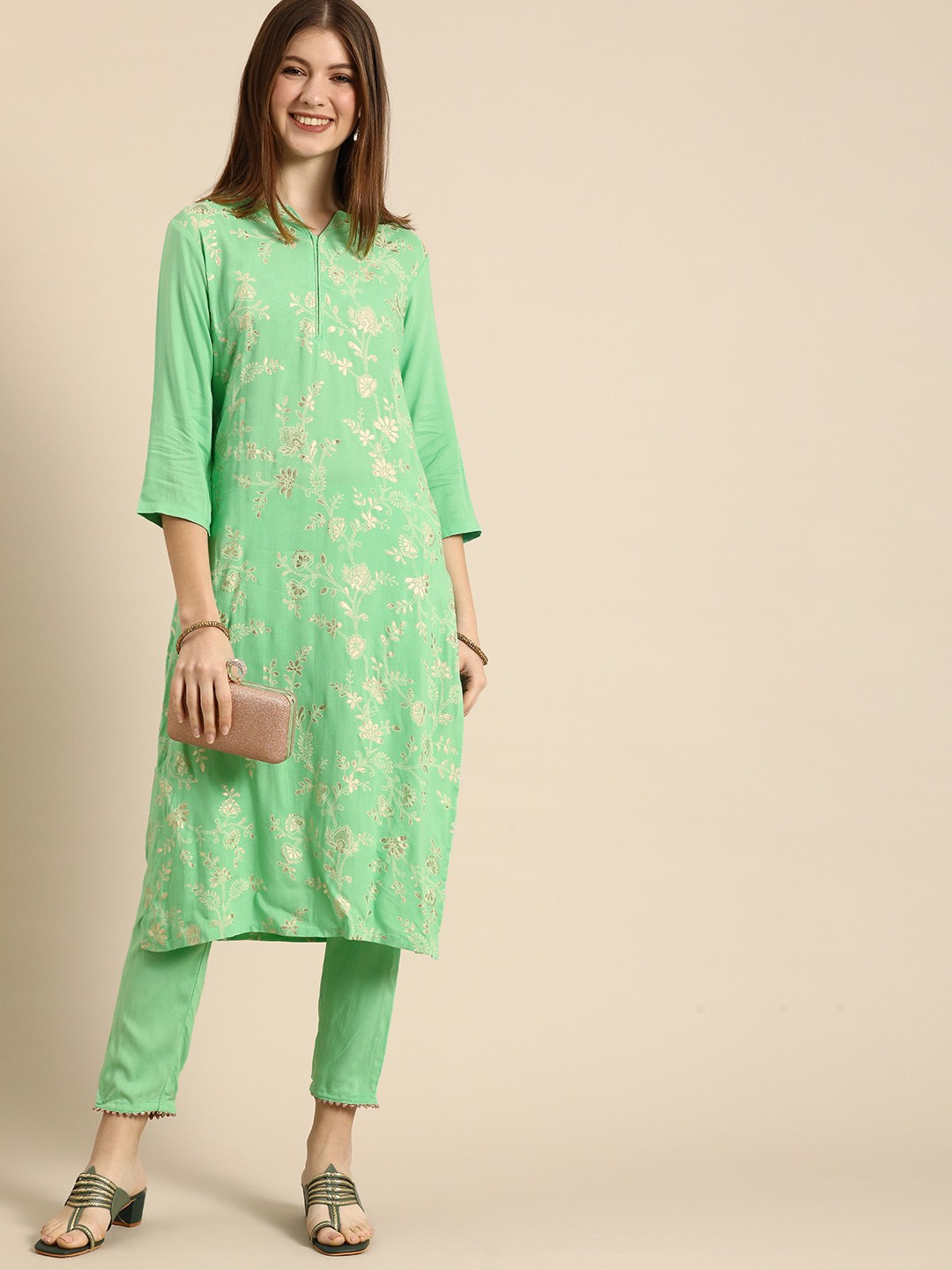 

Anouk Women Sea Green Ethnic Motifs Printed Regular Straight Kurta with Trousers