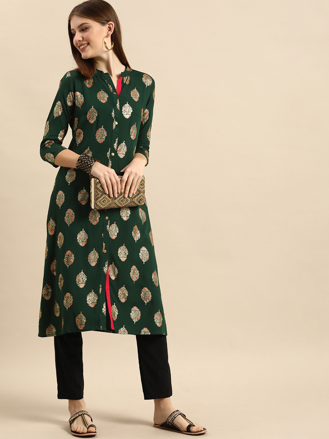 

Anouk Women Green & Golden Ethnic Motifs Printed Kurta