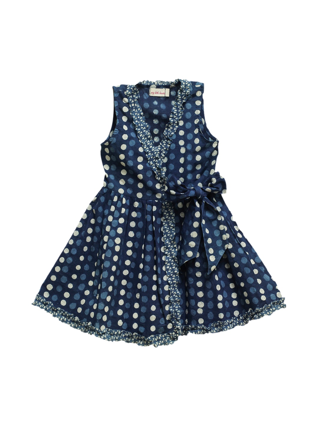 

My Little Lambs Girls Blue and White Polka Dots Printed Wrap Dress