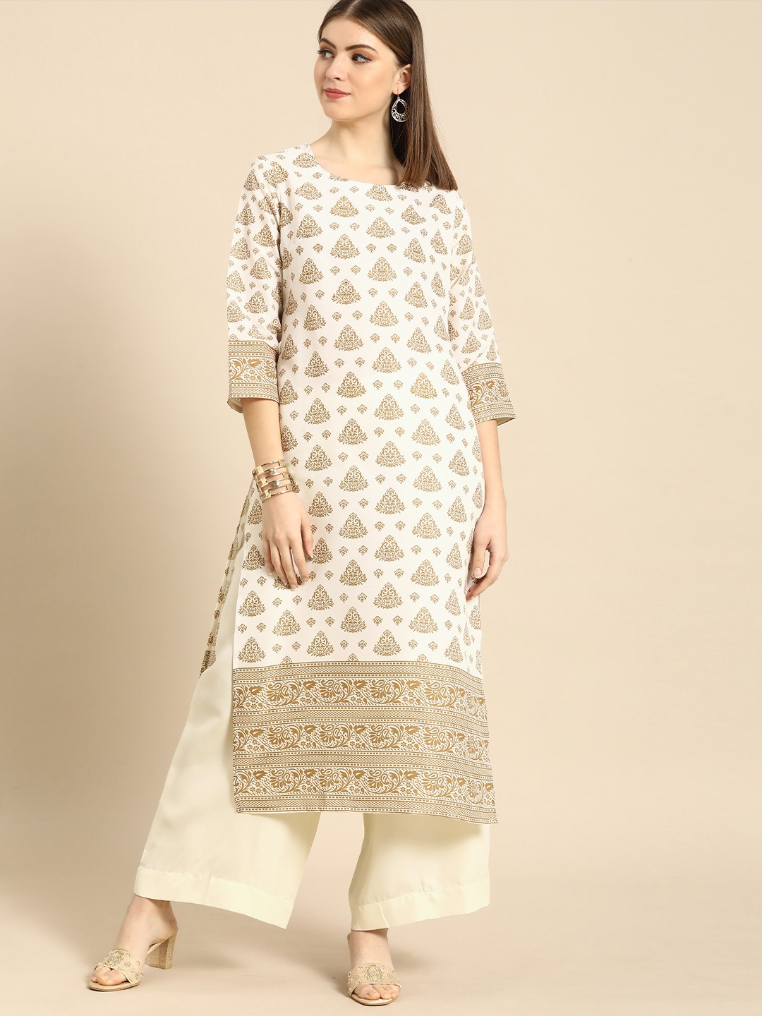 

Anouk Women Off White Ethnic Motifs Printed Beads and Stones Kurta with Palazzos