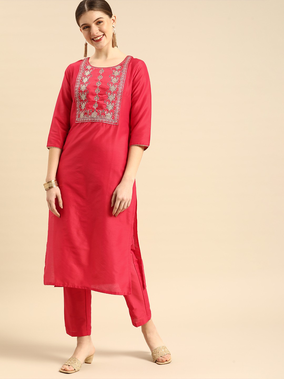 

Anouk Women Coral Floral Yoke Design Thread Work Kurta with Trousers