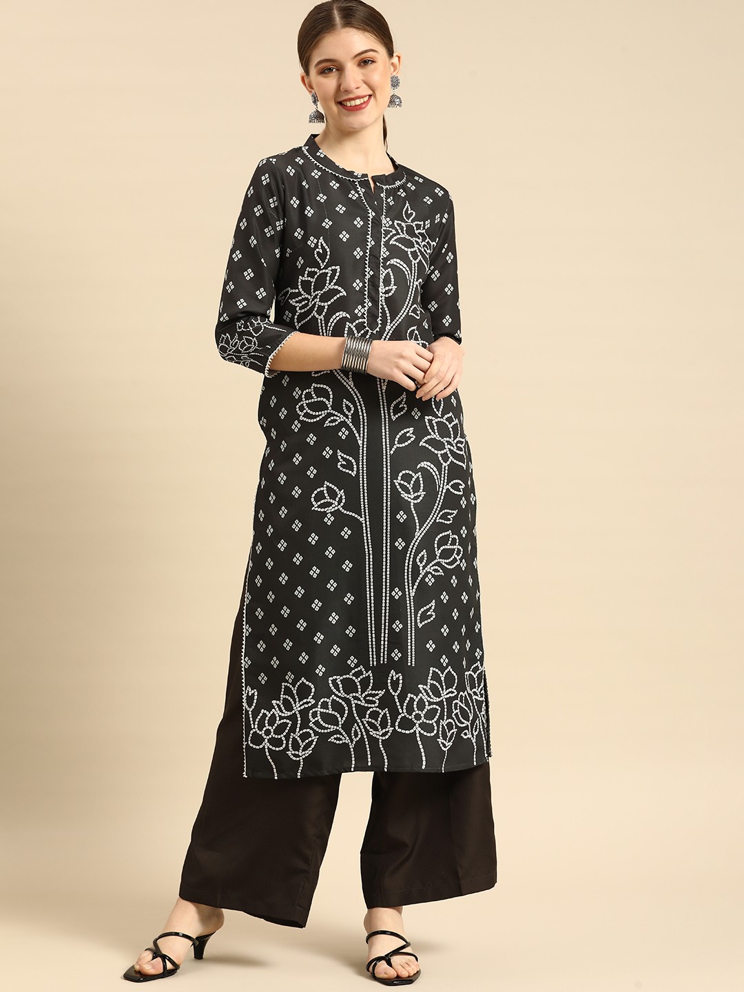 

Anouk Women Black Bandhani Printed Kurta with Palazzos