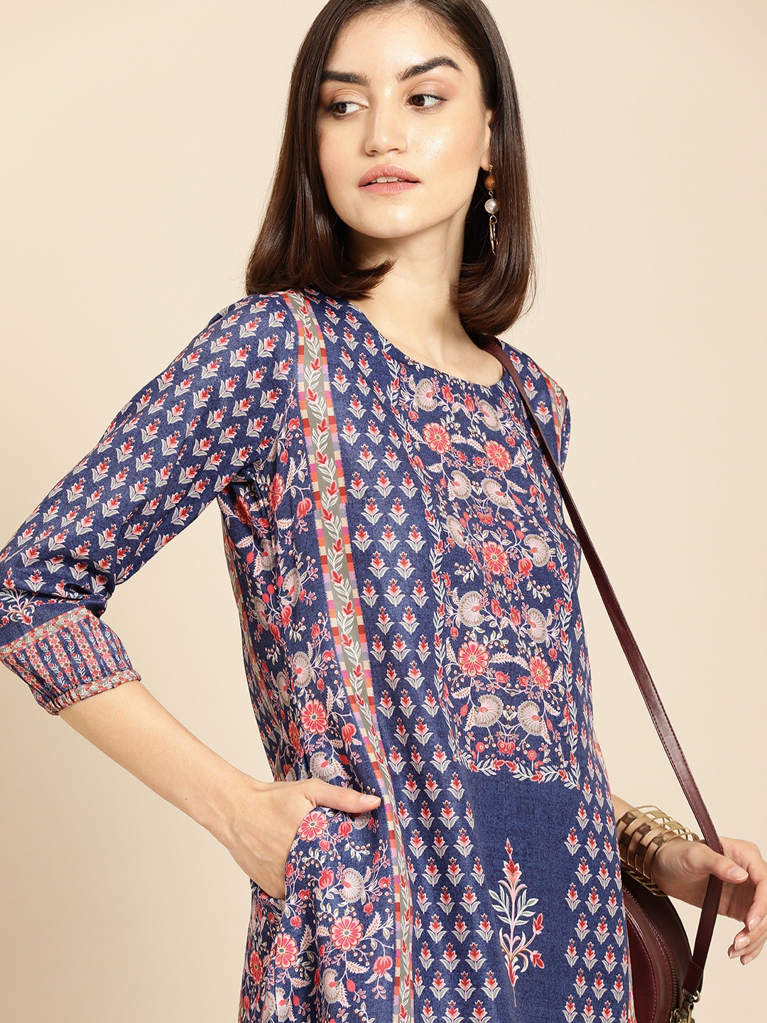 

Anouk Blue & Pink Floral A-Line Midi Dress