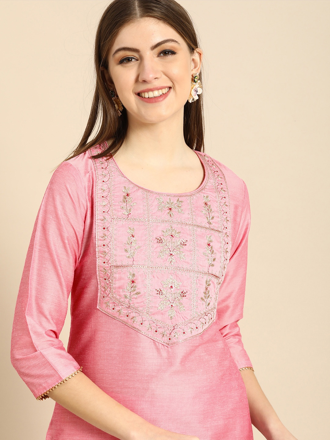 

Anouk Women Pink Ethnic Motifs Embroidered Sequinned Kurta with Trousers