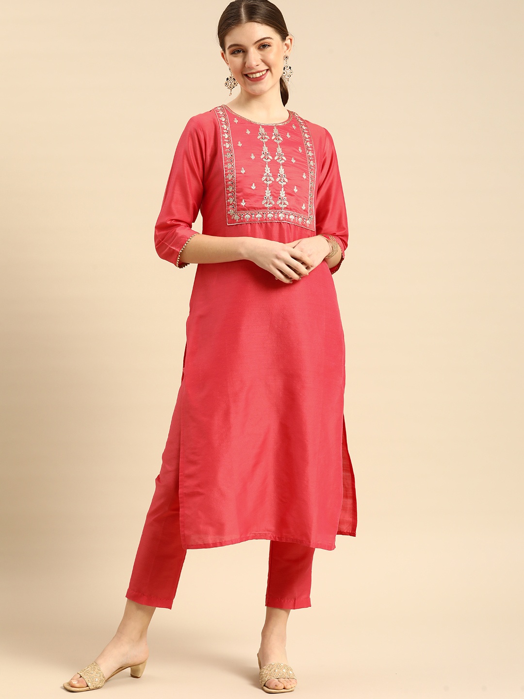 

Anouk Women Pink & Golden Ethnic Motifs Embroidered Kurta with Trousers