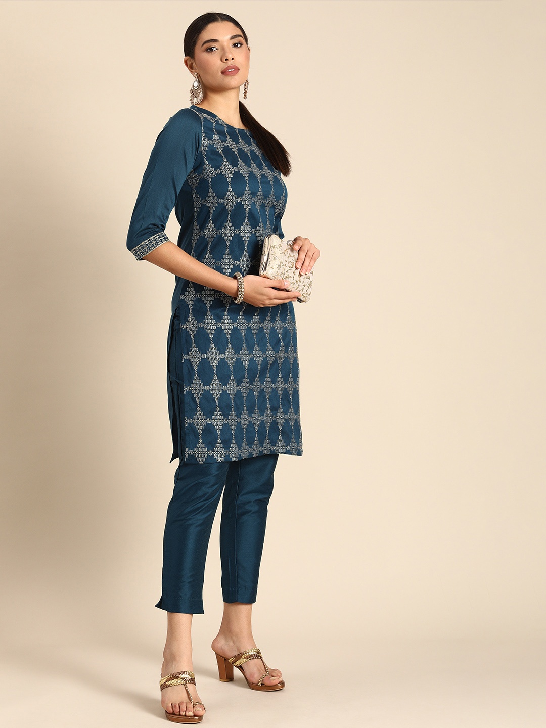 

Anouk Women Navy Blue & Beige Embroidered Kurta with Trousers