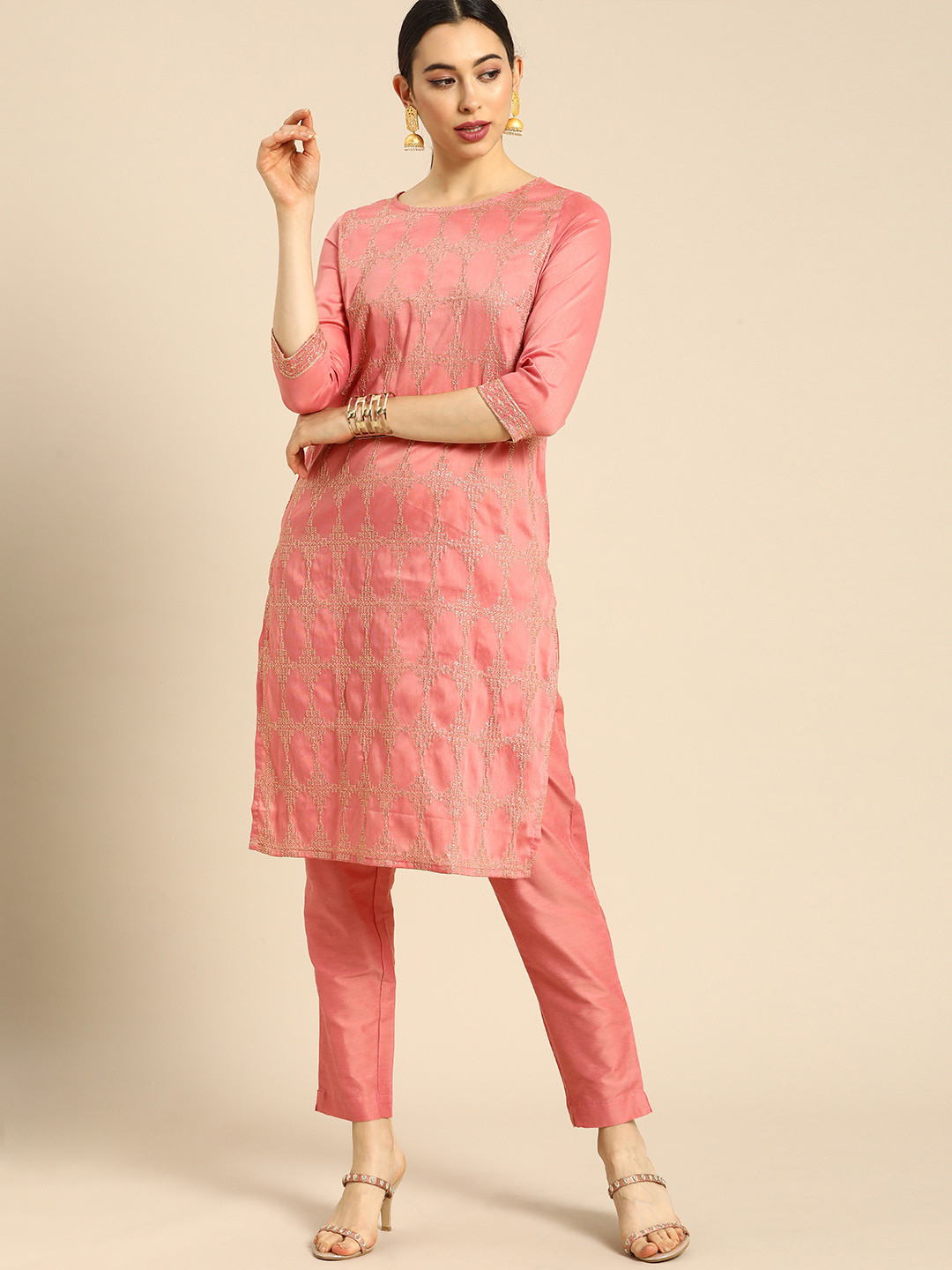 

Anouk Women Pink Ethnic Motifs Embroidered Regular Kurta with Trousers