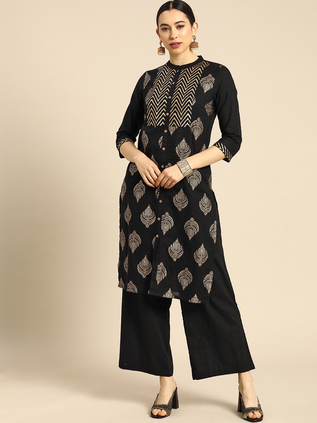 

Anouk Women Black Ethnic Motifs Foil Printed Regular Pure Cotton Kurta with Palazzos