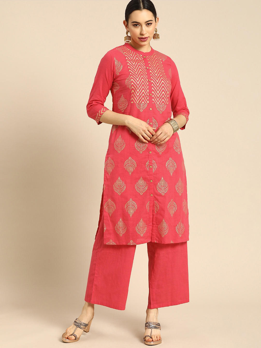 

Anouk Women Pink Ethnic Motifs Foil Printed Regular Pure Cotton Kurta with Palazzos