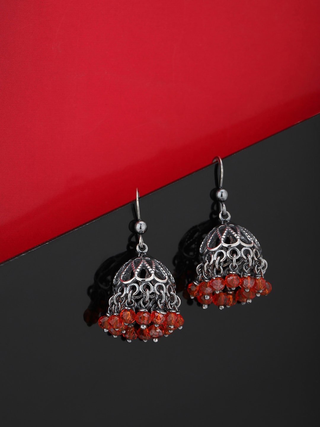 

Carlton London Silver-Toned and Red Dome Shaped Jhumkas Earrings