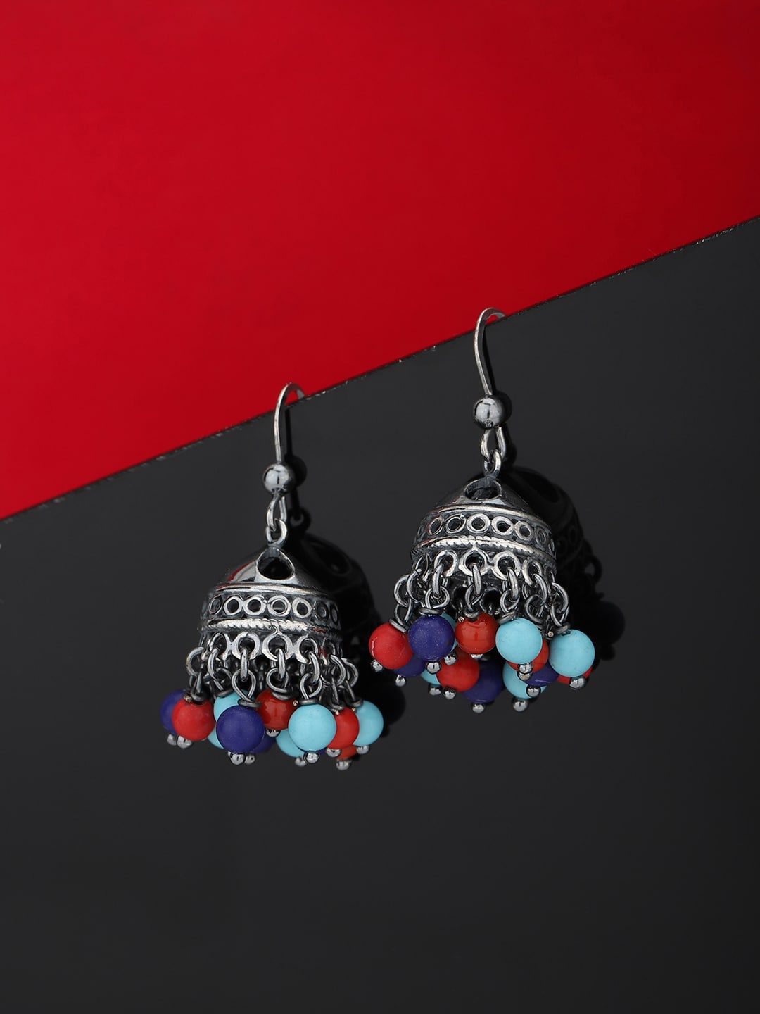 

Carlton London Silver-Toned & Blue Contemporary Jhumka Earrings