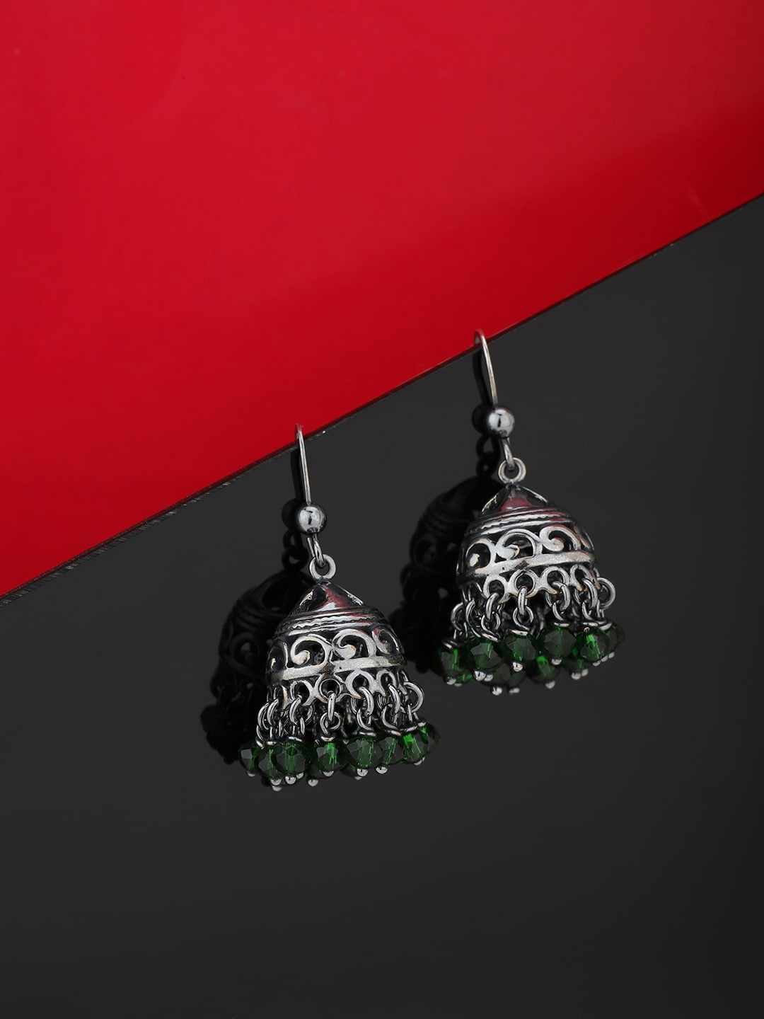 

Carlton London Silver-Toned and Green Dome Shaped Jhumkas Earrings