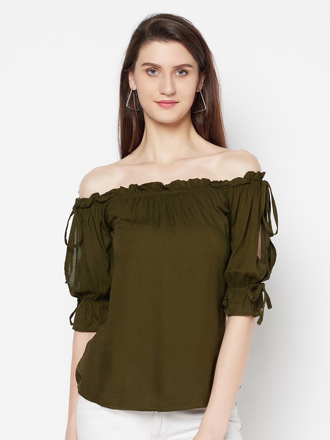 

Purple State Women Olive Green Off-Shoulder Puff Sleeve Bardot Top