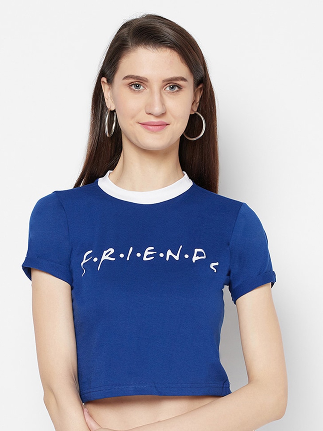 

Purple State Women Blue & White Friends Printed Regular Crop Top