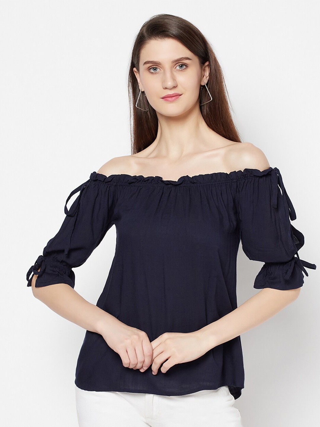 

Purple State Women Blue Off-Shoulder Bardot Top