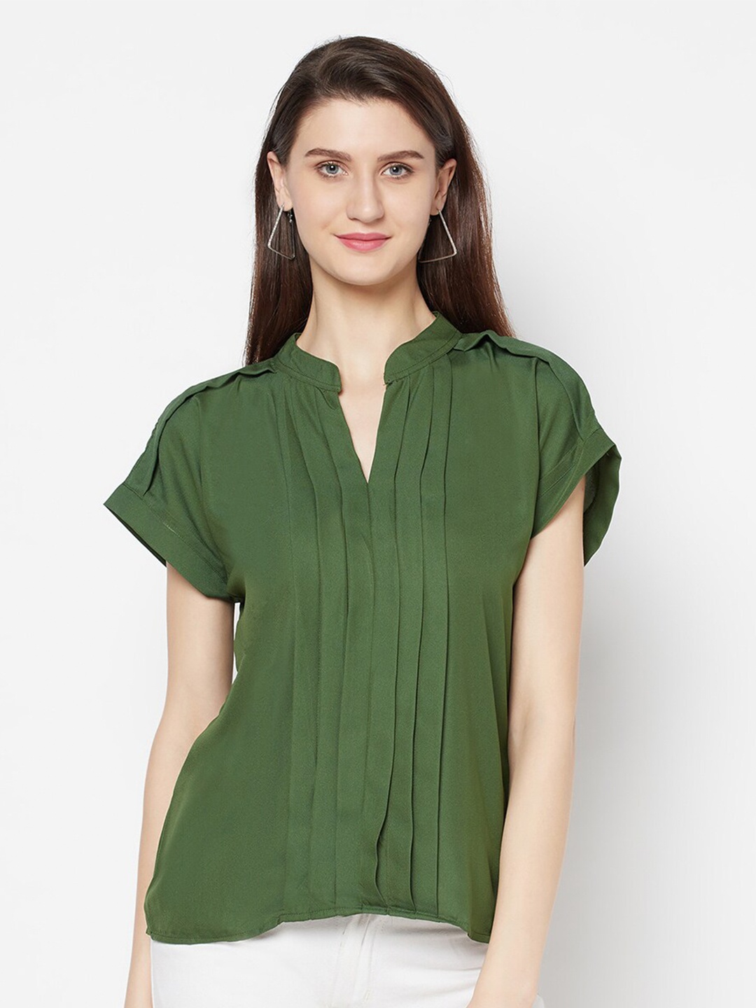 

Purple State Women Green Extended Sleeves Pleated Regular Top