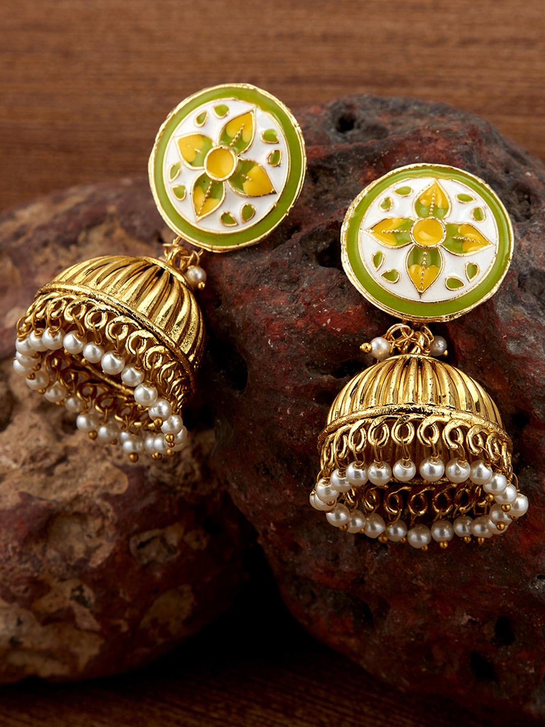 

Sukkhi Gold-Plated Yellow & Green Enamelled Meenakari Dome Shaped Jhumkas Earrings