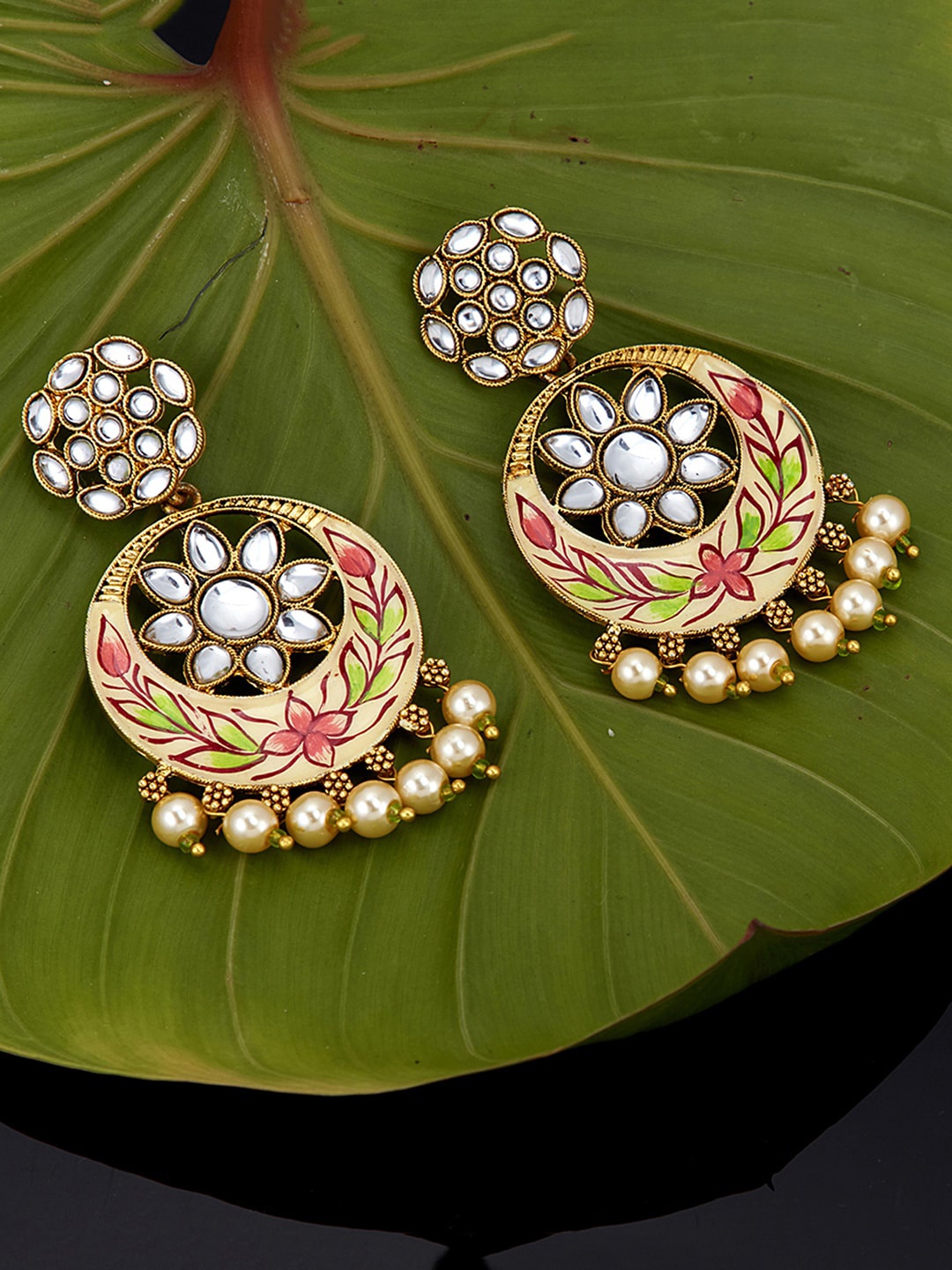 

Sukkhi Gold-Plated & Peach-Coloured Floral Meenakari Chandbalis Earrings