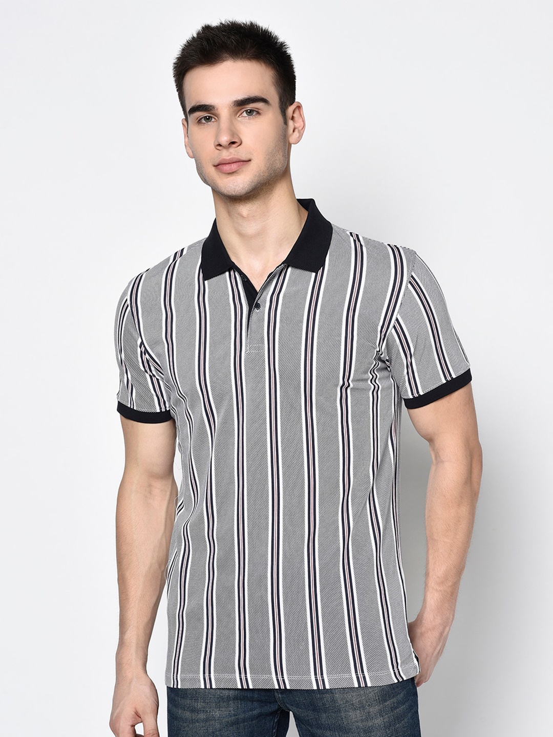 

Octave Men Black & Grey Striped Polo Collar T-shirt