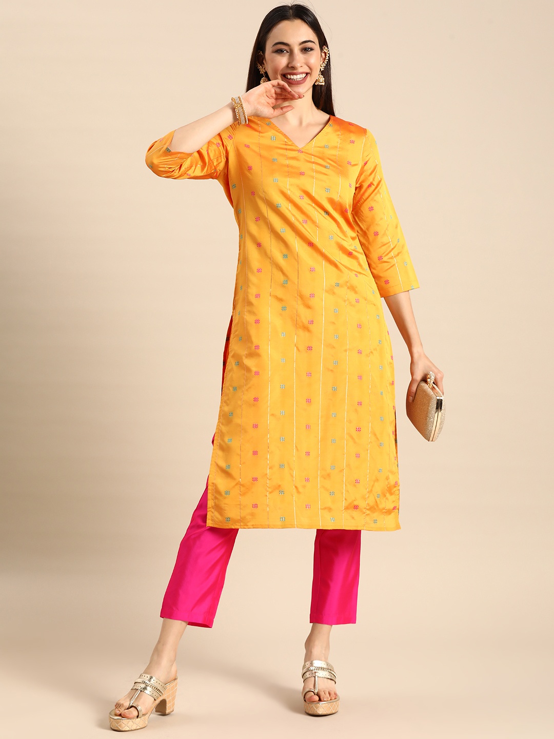 

Anouk Women Mustard Yellow Embroidered Regular Kurta with Trousers