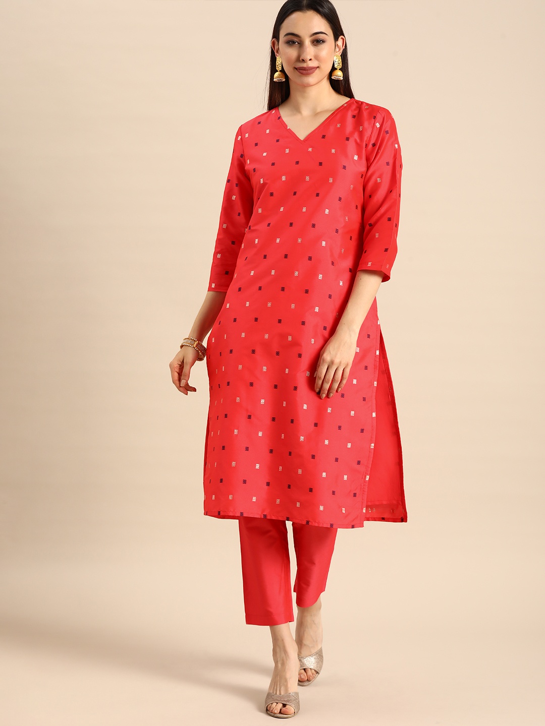 

Anouk Women Red Ethnic Motifs Embroidered Regular Kurta with Trousers