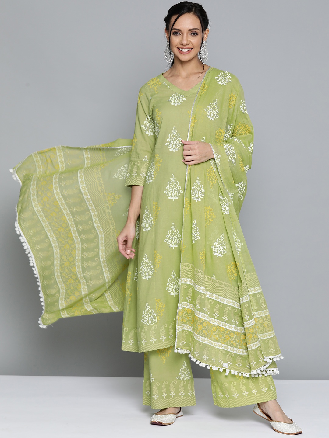 

HERE&NOW Women Green Ethnic Print Panelled A-Line Cotton Kurta with Palazzos & Dupatta