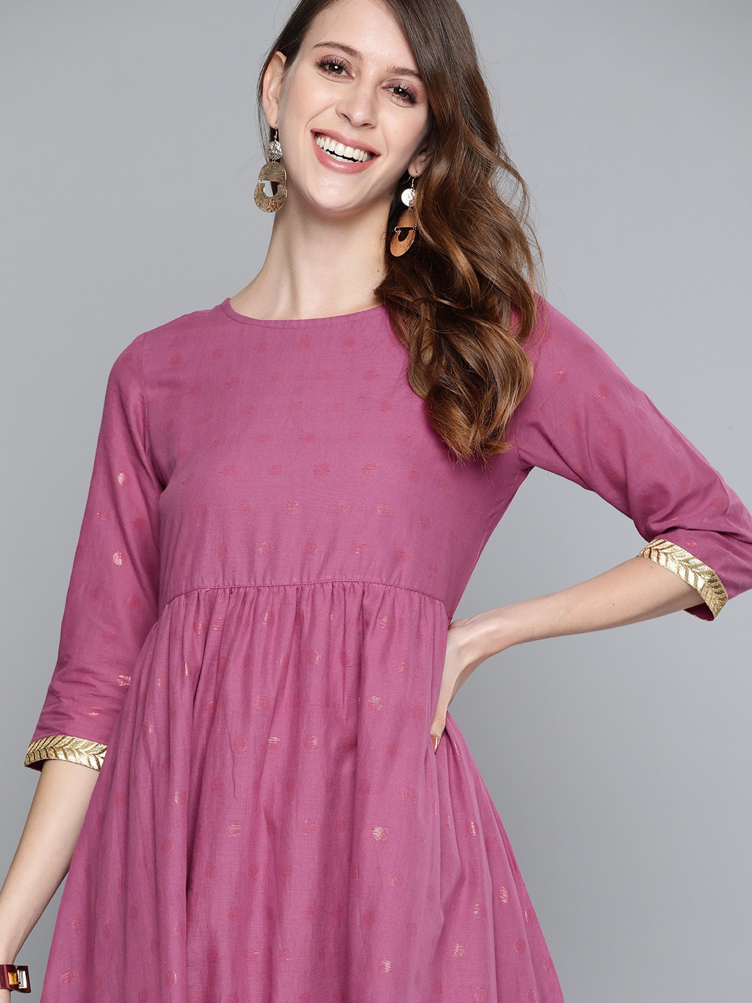 

HERE&NOW Women Purple & Golden Geometric Woven Design Pure Cotton A-Line Kurta