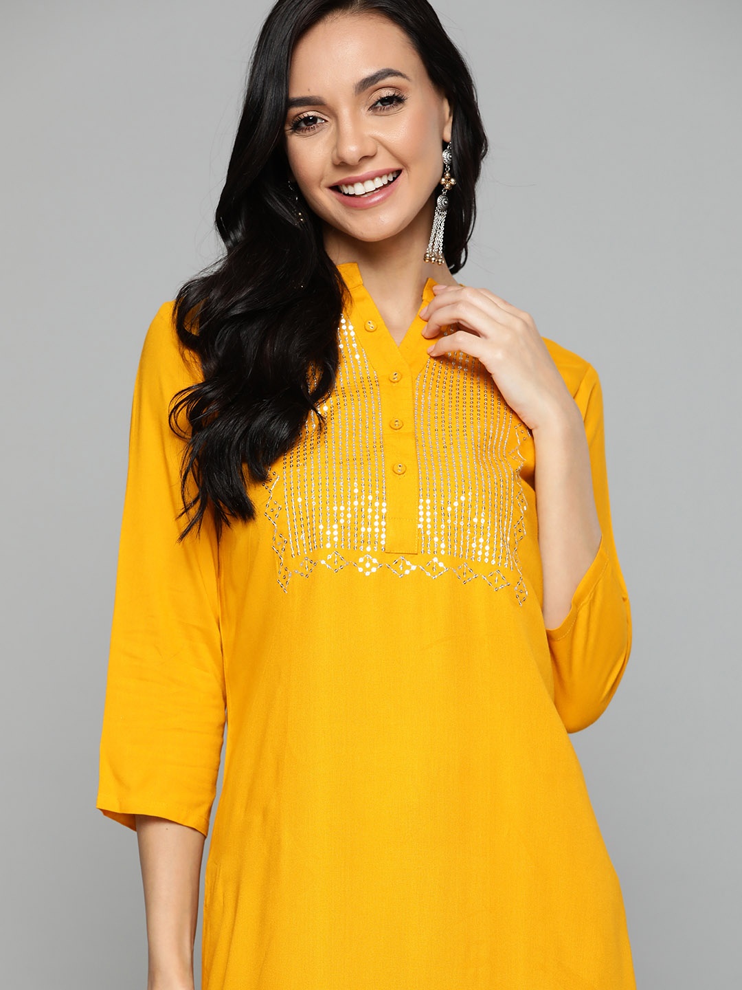 

HERE&NOW Women Mustard Yellow Yoke Design Kurta with Trousers