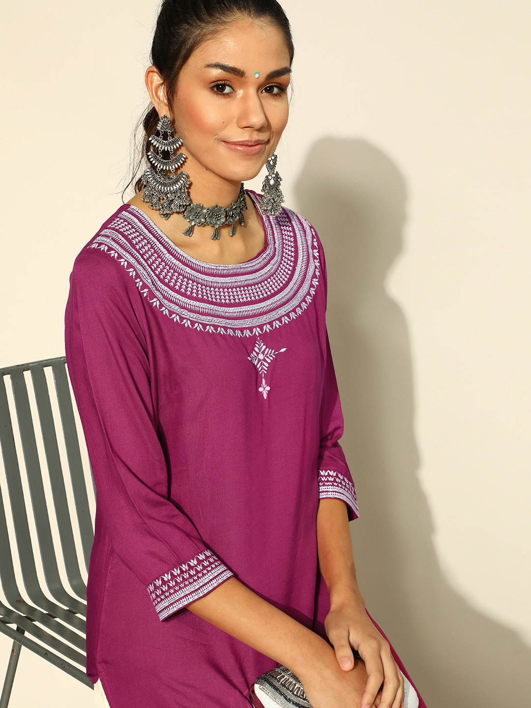 

HERE&NOW Women Magenta Yoke Design Thread Work Kurta