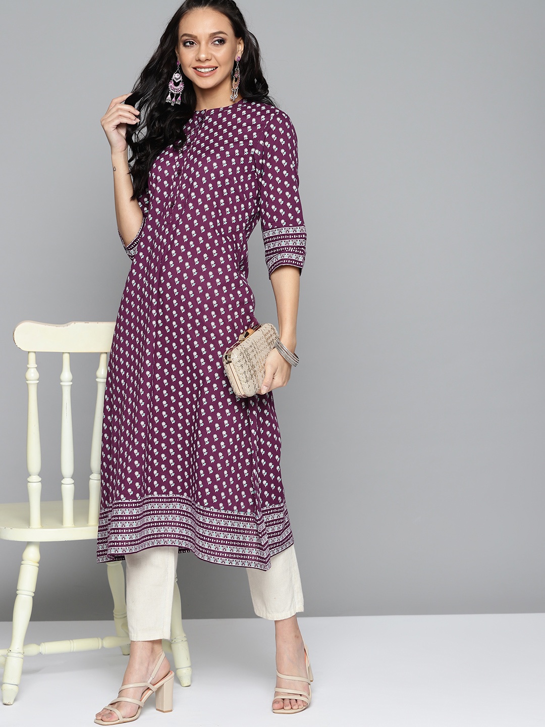 

HERE&NOW Women Purple & White Ethnic Motifs Printed Pure Cotton Kurta