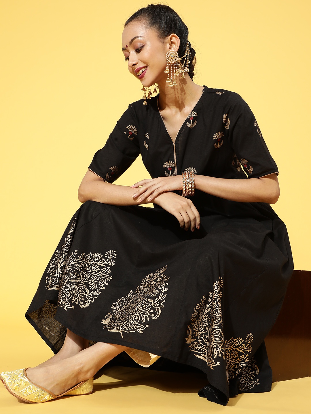 

Moda Rapido Women Black & Golden Ethnic Motifs Yoke Design Pure Cotton Kurta with Palazzos