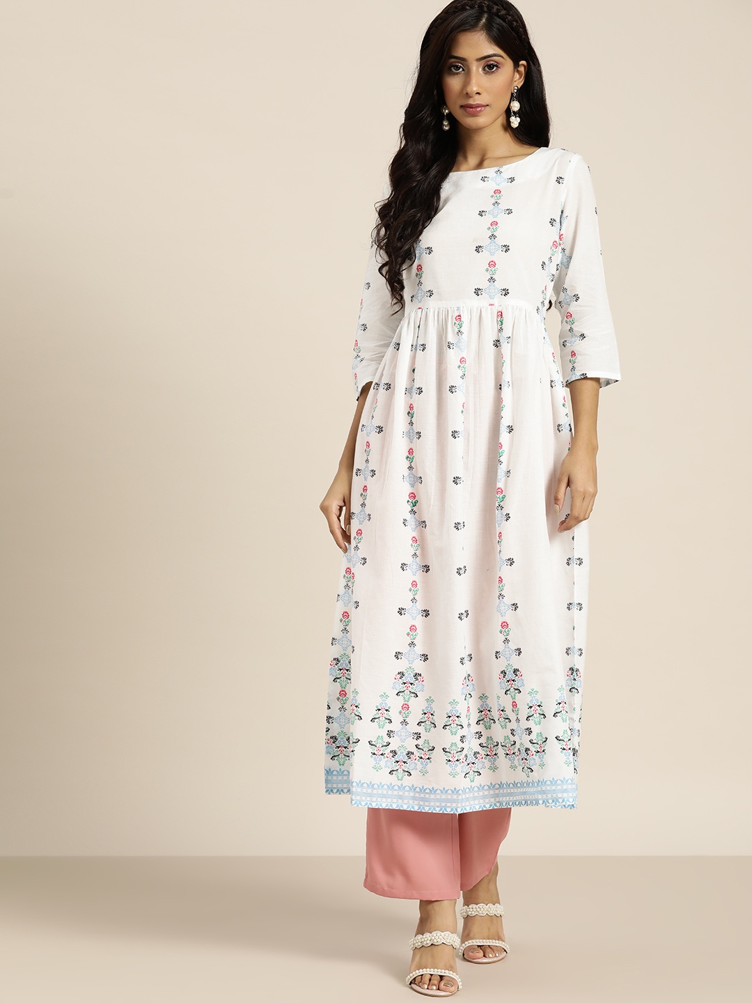 

Moda Rapido Women White & Blue Ethnic Motifs Print Cotton Gathered A-line Kurta