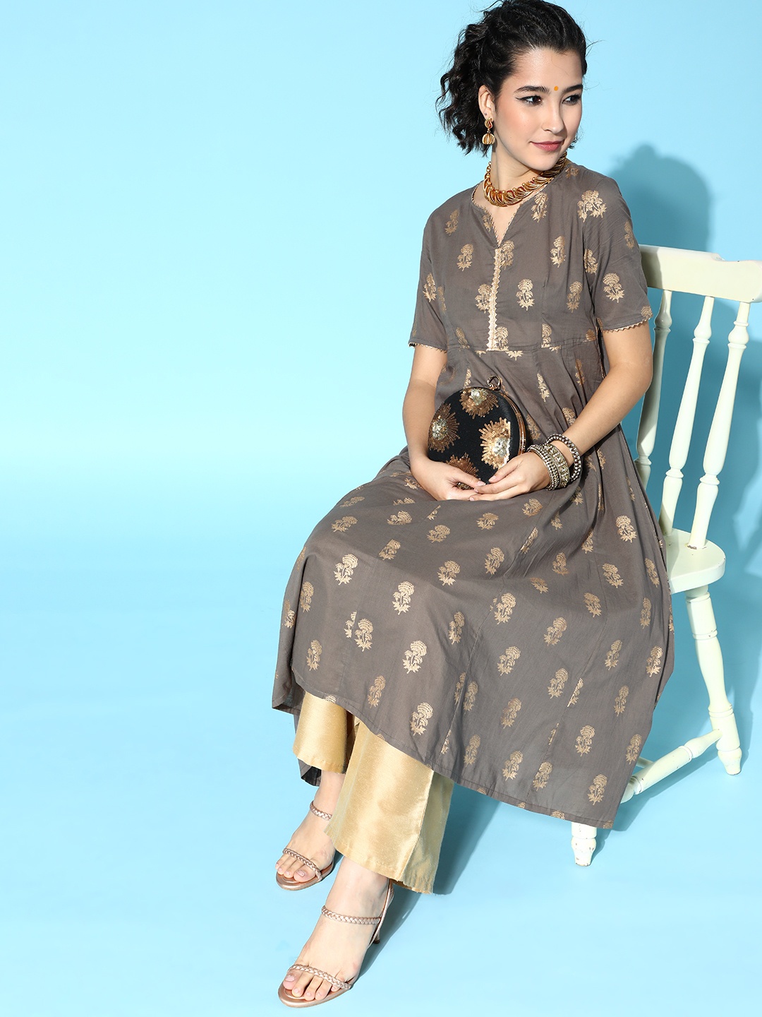 

Moda Rapido Women Grey Pure Cotton Ethnic Motifs Printed Gotta Patti Kurta
