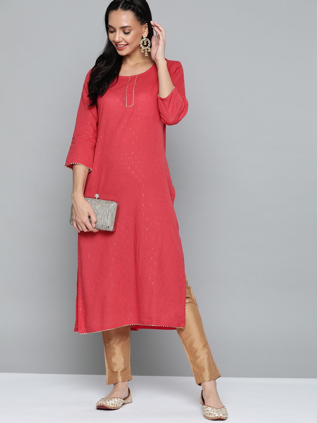 

HERE&NOW Women Coral Red & Golden Woven Design Regular Sleeves Gotta Patti Straight Kurta