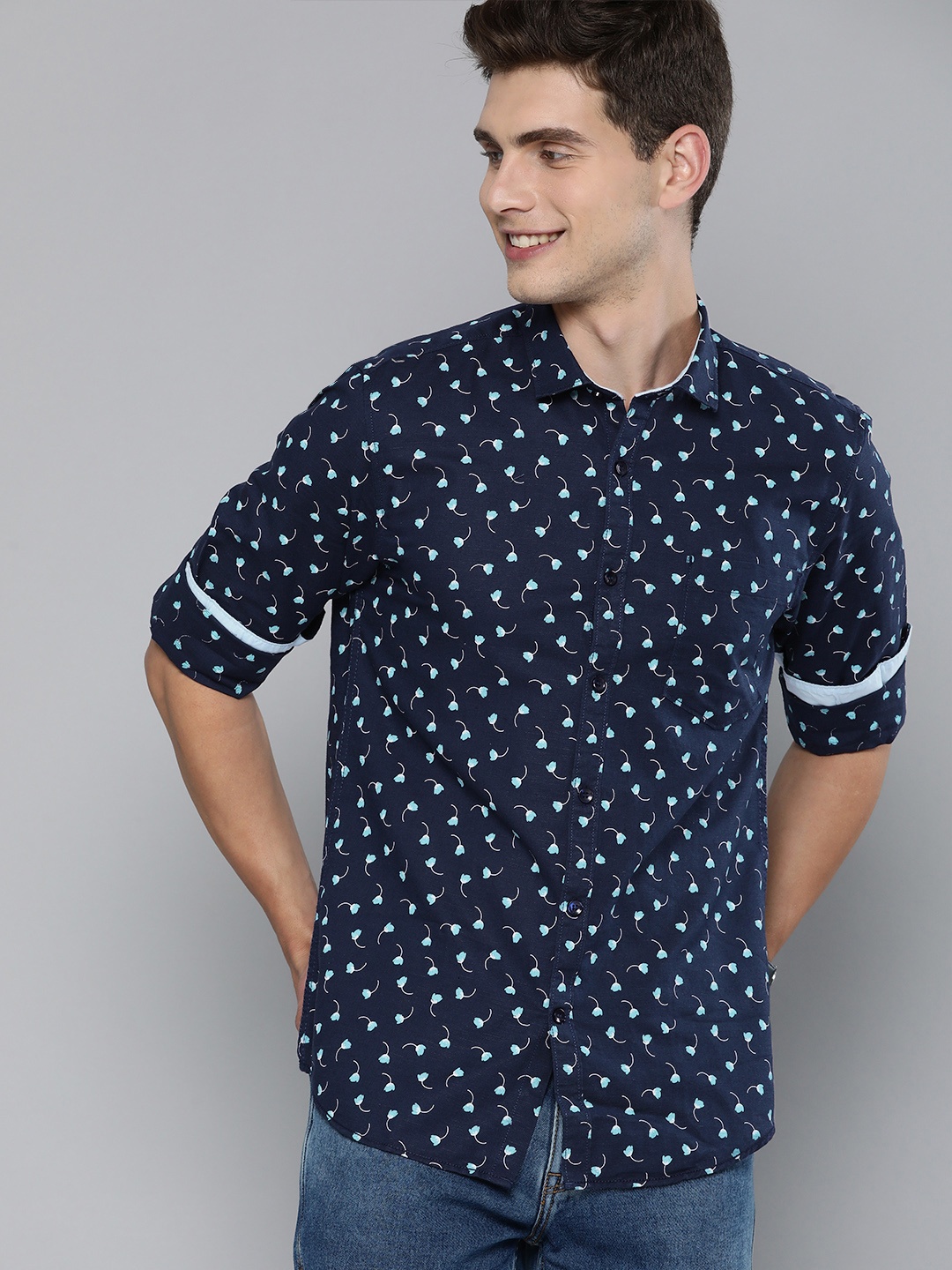 

Mast & Harbour Men Navy Blue Floral Opaque Printed Cotton Linen Casual Shirt