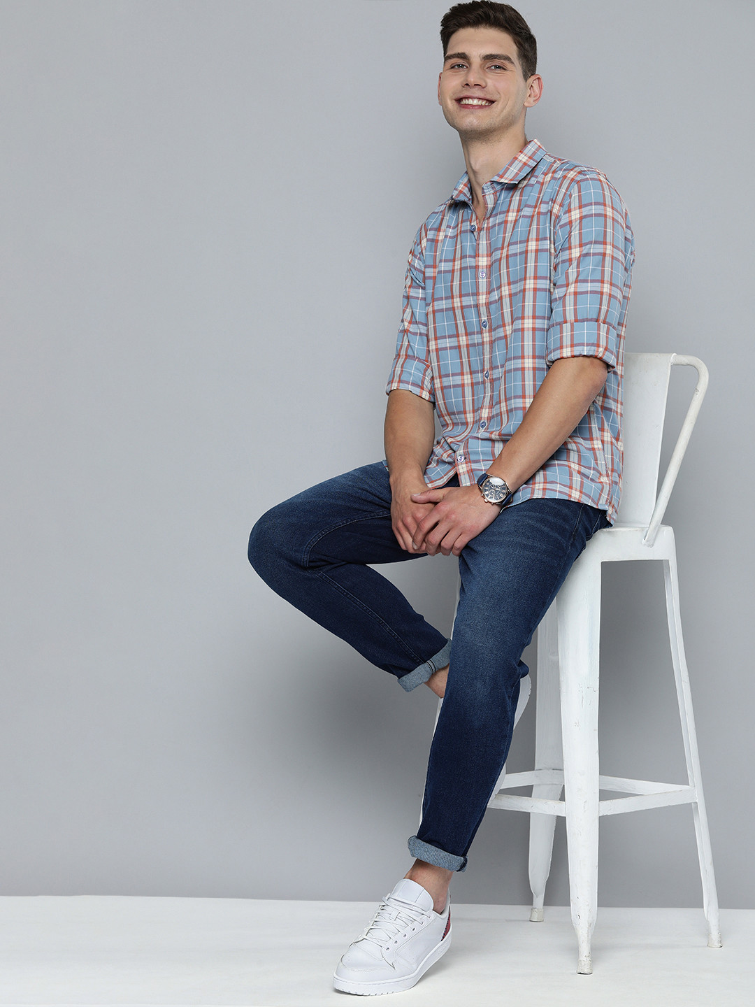 

Mast & Harbour Men Blue Tartan Checked Pure Cotton Casual Shirt