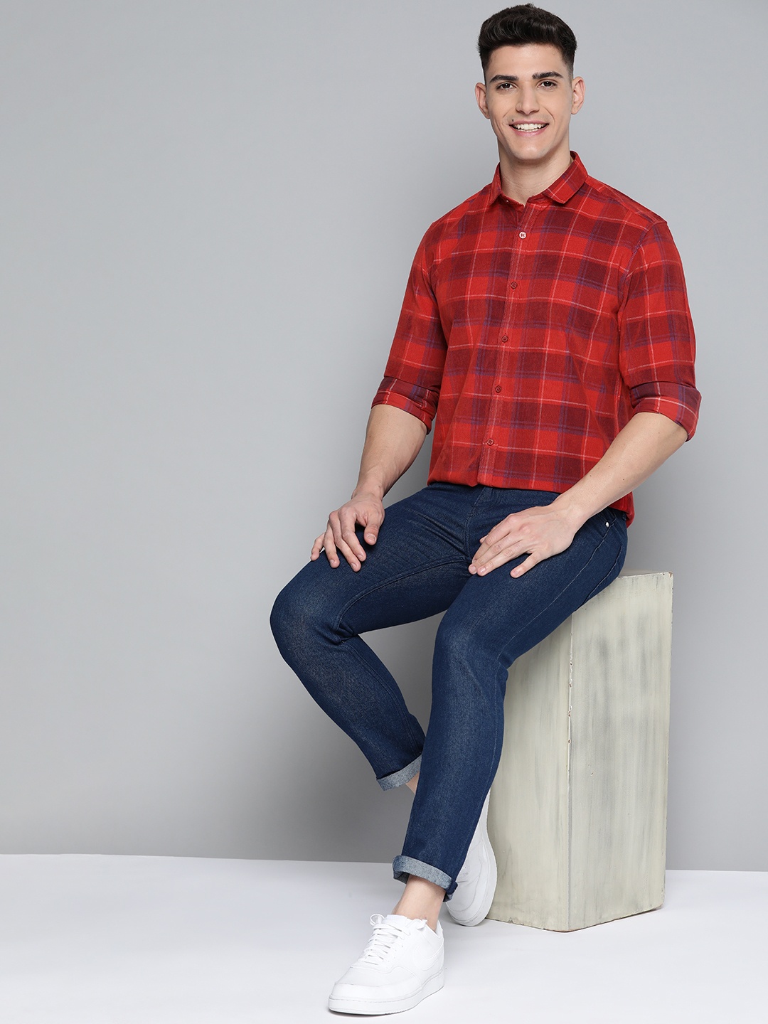 

Mast & Harbour Men Red Pure Cotton Checked Corduroy Casual Shirt