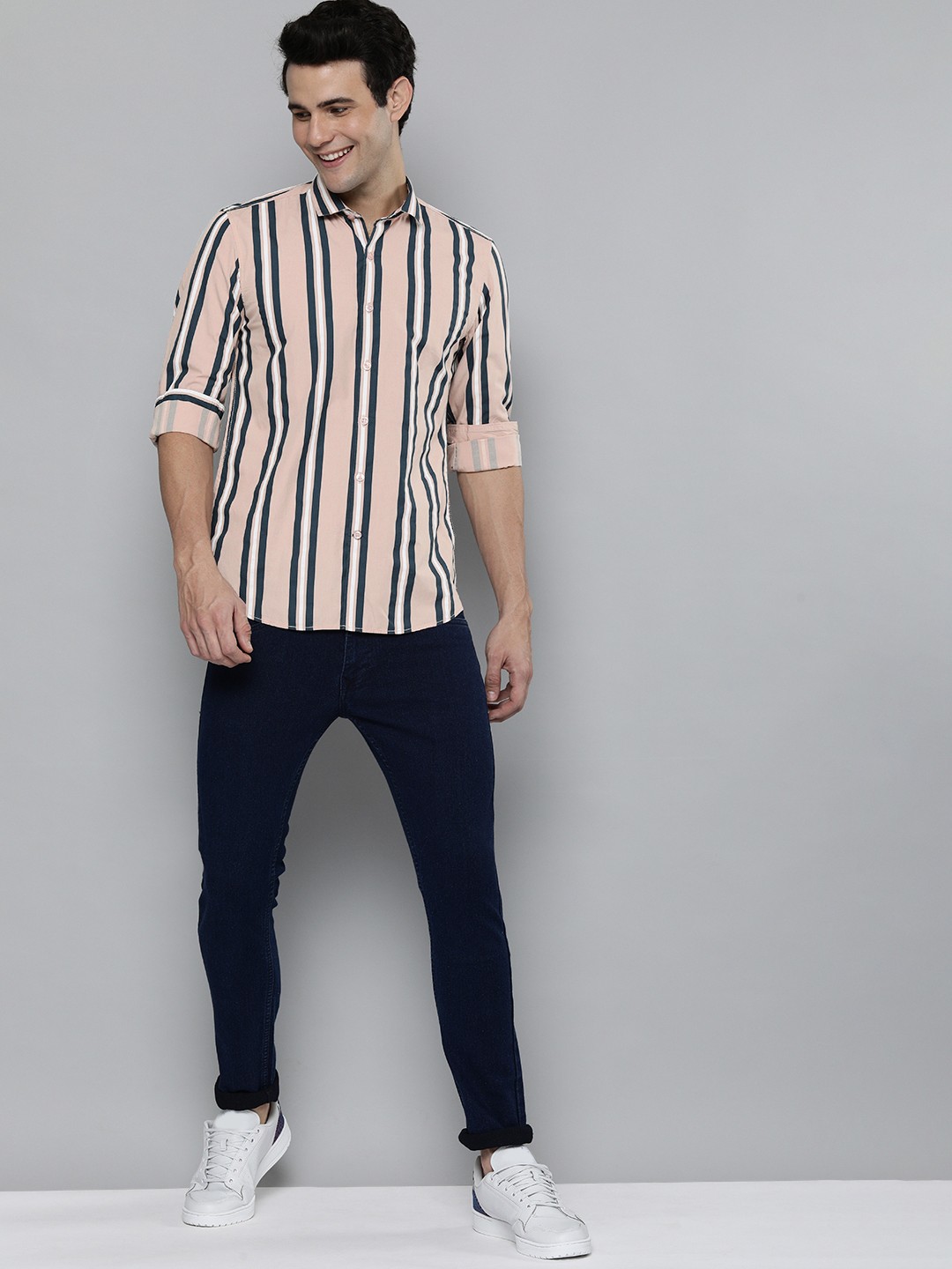 

Mast & Harbour Men Peach-Coloured Slim Fit Striped Casual Shirt