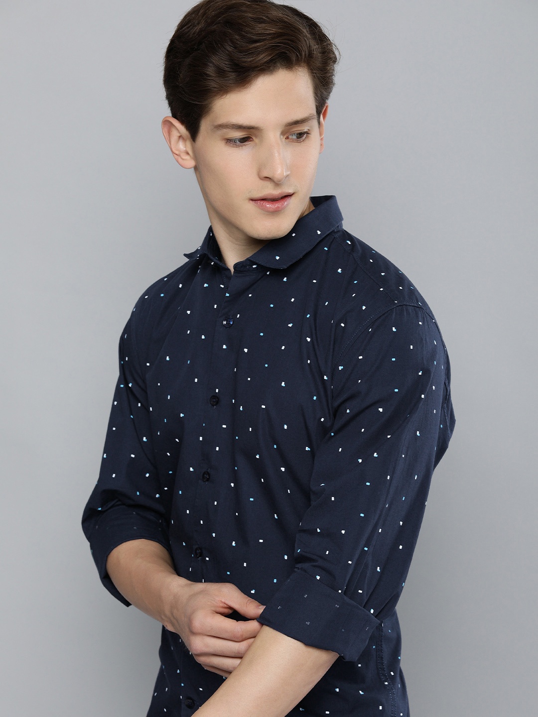 

Mast & Harbour Men Navy Blue Polka Dotted Slim Fit Opaque Pure Cotton Casual Shirt