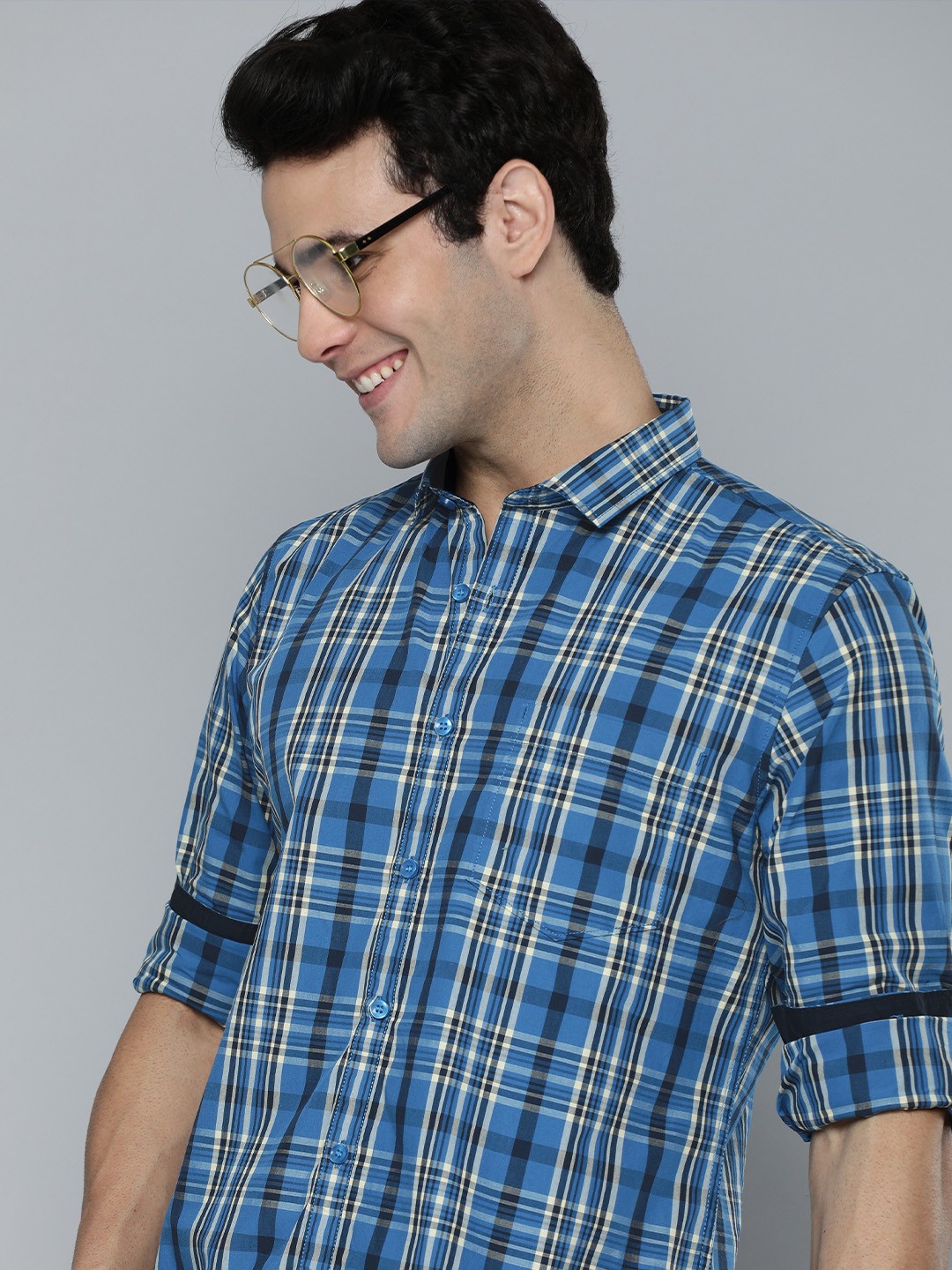 

Mast & Harbour Men Blue Tartan Checked Pure Cotton Casual Shirt