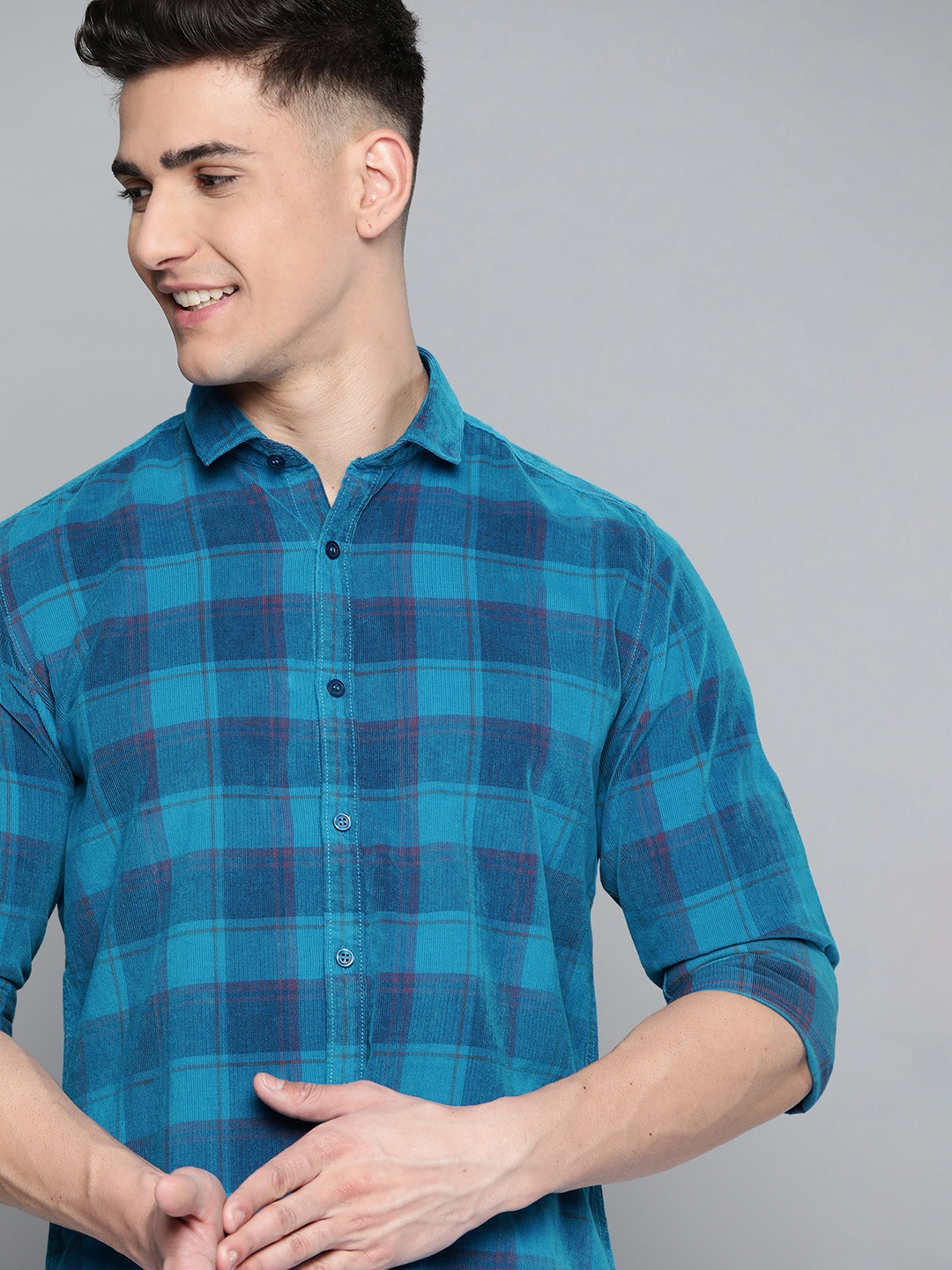 

Mast & Harbour Men Blue Pure Cotton Checked Corduroy Casual Shirt