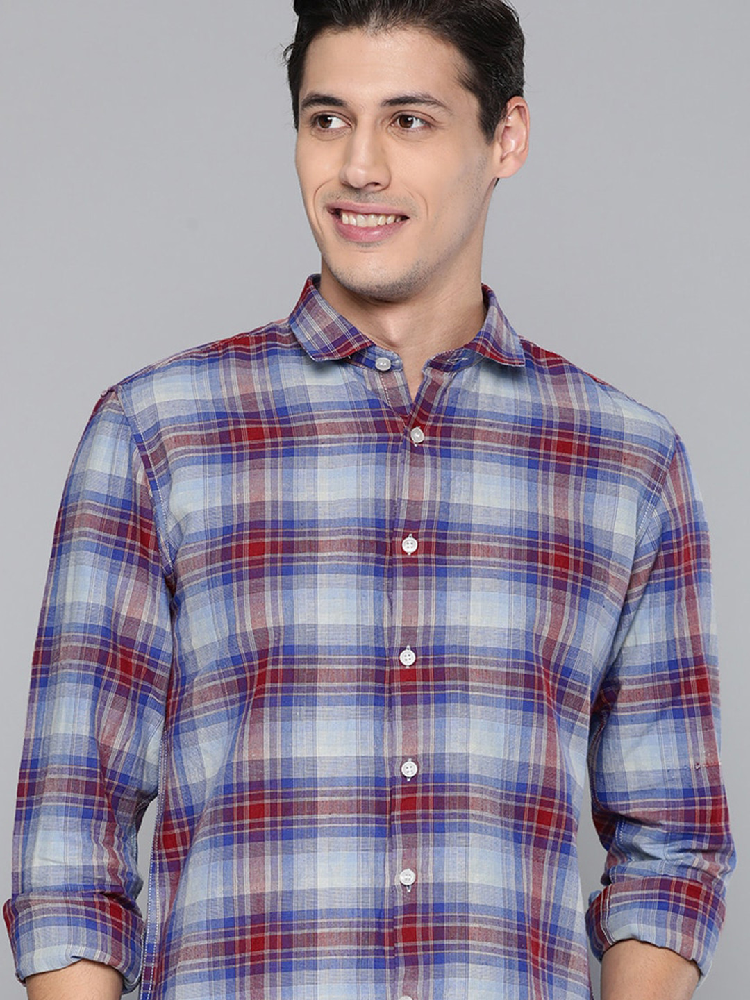 

Mast & Harbour Men Blue Tartan Checks Checked Cotton Linen Casual Shirt